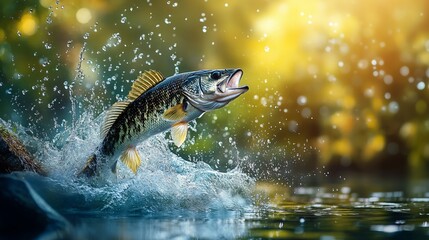Bass Fish Jumping Out of Water with Splash, AI generated illustration