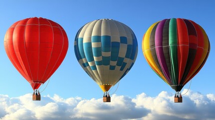 Obraz premium Three colorful hot air balloons floating in blue sky with clouds, summer adventure travel festival, scenic outdoor celebration, bright vibrant atmosphere, uplifting joyful mood