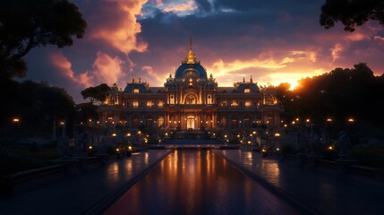 Fototapeta premium Magnificent Golden Palace at Sunset: A Breathtaking Architectural Masterpiece