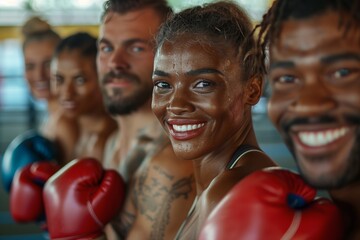 A diverse group of boxers sharing smiles and camaraderie in a training gym, showcasing determination and strength.