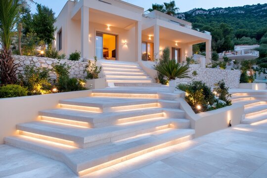 Villas iluminadas con luces LED c&aacute;lidas en una noche serena rodeadas de naturaleza