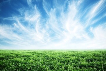 Fototapeta premium Vast green fields stretch under bright blue sky, showcasing vibr