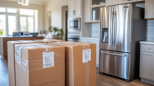 Boxes in a modern kitchen near a stainless steel refrigerator.
