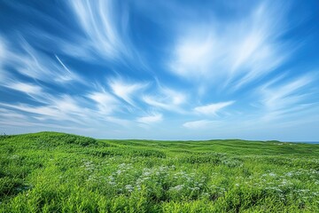 Fototapeta premium Lush green hills stretch under vibrant blue sky adorned with wis