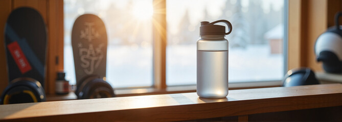 Transparent water bottle on a wooden shelf with snowboards in the background