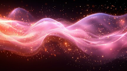 Obraz premium Abstract pink glowing wave flowing with golden sparkles, futuristic design for technology background, science presentation, digital art, vibrant light effects, cosmic atmosphere, dark backdrop inspir