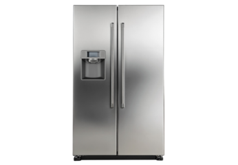 Modern double-door refrigerator, home appliance design, kitchen layout visualizations, and interior decor projects,  isolated on transparent background PNG cut-out