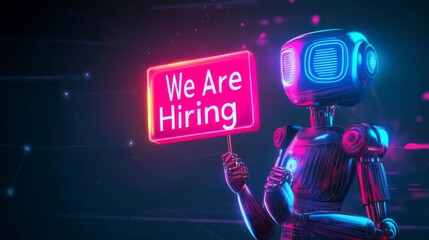 Human Resource Hiring Recruitment Job Assessment Management Futuristic robot holding a neon sign proclaiming job opportunities.