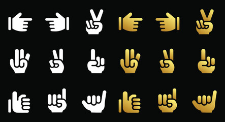 The hand gesture icon set white and gold symbols on a black background
