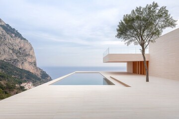 Fototapeta premium Villa moderna con ventanas panorámicas y piscina en un entorno montañoso junto al mar