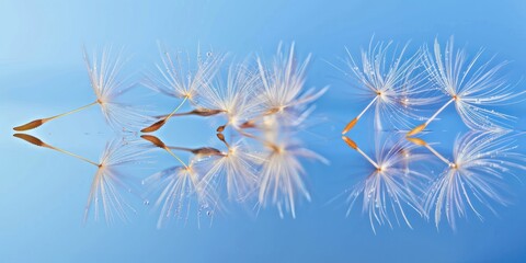 Obraz premium small seed of dandelion flowers and water drop close up after rain dew bokeh blue background