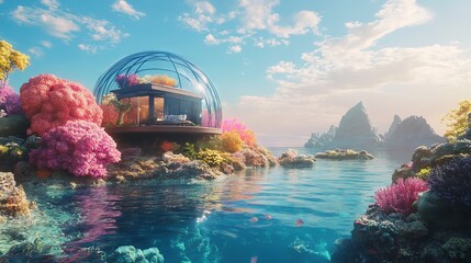 Underwater House in Glass Dome on Coral Reef, AI generated illustration