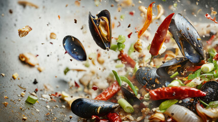 A close-up of vibrant seafood and vegetables, like blue mussels, red chilies, and green onions, being tossed into the air from a rustic pan, showcasing energy and elegance, ingredients glistening unde