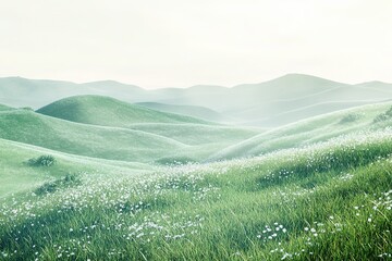 Fototapeta premium Lush green hills undulate under soft light, creating serene and