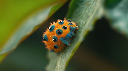 Macro Shot of Orange and Blue Caterpillar Cocoon with Black Dots on Green Leaf, AI generated illustration