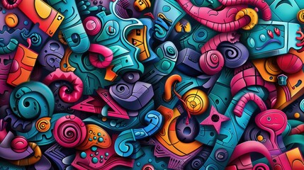 A vibrant abstract composition of colorful shapes and patterns, creating a playful visual experience.
