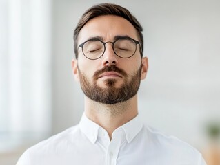 Obraz premium office syndrome concept. A wellness coach leading a guided meditation session in a quiet office space to reduce stress and enhance focus
