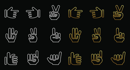 Hand gesture line art icon set white and gold symbols on a black background