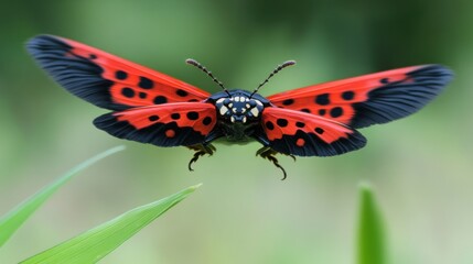 Obraz premium Red and black insect with wings hovering above grass.