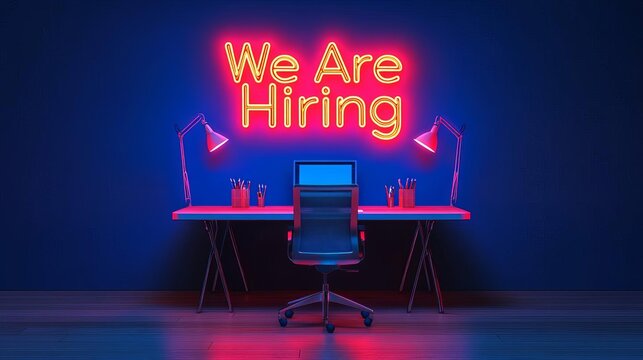 Human Resource Hiring Recruitment Job Assessment Management Modern office setup featuring a 'We Are Hiring' neon sign.