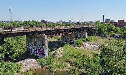 Abandoned Bridge Over River in Buffalo, NY with Graffiti and Overgrown Greenery, AI generated illustration