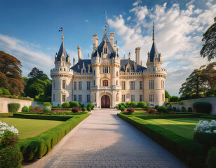 A grand, elegant castle with multiple turrets and spires, surrounded by meticulously manicured gardens and a paved pathway under a bright, partly cloudy sky