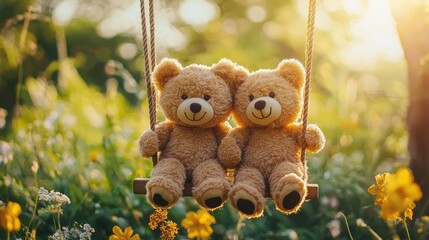 Two teddy bears sit together on a swing, surrounded by blooming flowers and bathed in warm sunlight, evoking a sense of nostalgia and companionship.