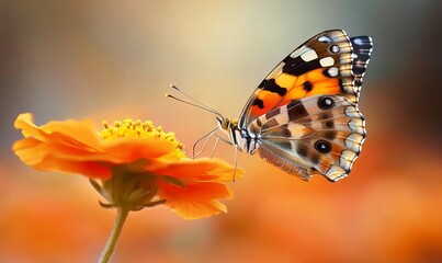 Obraz premium Painted Lady Butterfly on Orange Flower with Blurred Background, AI generated illustration