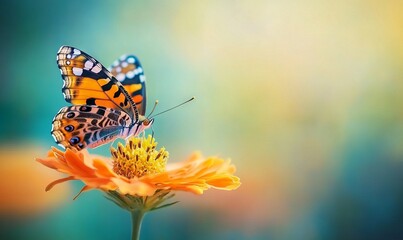 Fototapeta premium Painted Lady Butterfly on Orange Flower with Blurred Background, AI generated illustration