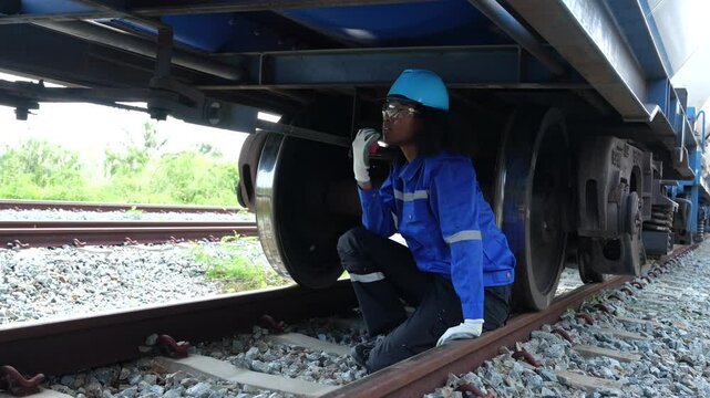4k Railway engineer under the inspection of the construction process of oil transport train and inspecting the railway work at the railway station with tablet Engineer wearing safety uniform and hard 