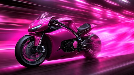 Pink superbike speeding through neon tunnel.