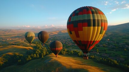 Fototapeta premium Esg fintech heic Sustainable travel Wellness retreat Squarespace designer Thumbnail Viator Telegram channel Wayflyer SafetyWing Colorful hot air balloons floating over green hills at sunrise, adventu