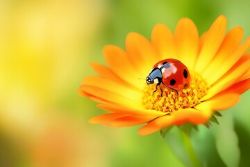 Red Flower with Ladybug, Macro Photograph of Nature, AI generated illustration