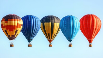 Obraz premium Colorful hot air balloons in vibrant red, blue, orange, and yellow floating in clear sky, perfect for travel, adventure, festival, celebration, summer, or outdoor event backgrounds with bright daylig