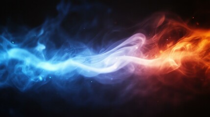 Blue and orange fire smoke merging together, dynamic energy flow concept, perfect for technology, power, or fantasy themes with dark background and vibrant contrasting colors