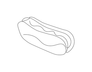 Continuous one line drawing of hot dog. One line drawing illustration of american hot dog. Junk food, fast food concept line art. Editable outline
