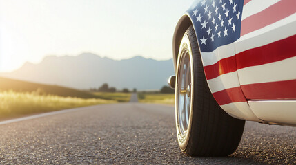 American Road Trip: A close-up of a car adorned with the American flag, cruising down a picturesque road, capturing the spirit of freedom and exploration.