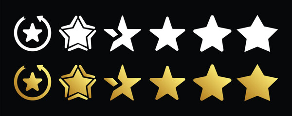Gold and White Star Icons with Circular and Outline Designs on a Black Background