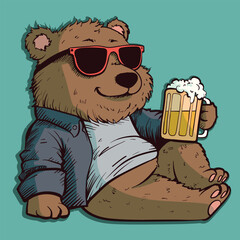 Vector art of a brown bear in a jacket drinking beer. Cool grizzly with sunglasses holding a mug.