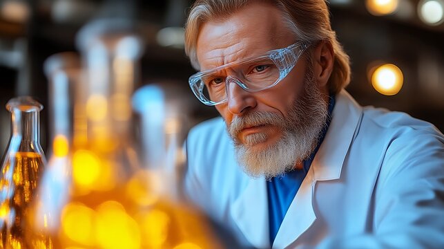 Concentrated senior scientist examining liquid in lab.