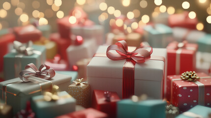 Festive Gift Pile: A captivating close-up of an array of beautifully wrapped Christmas presents, bathed in warm, sparkling lights. Perfect for holiday marketing and festive celebrations.