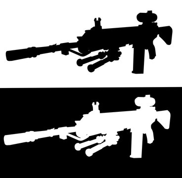 Black silhouette of a sniper rifle on a white background. US army automatic weapons. American military ammunition. Isolated image of a weapon. Vector illustration