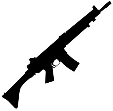 Black silhouette of a sniper rifle on a white background. US army automatic weapons. American military ammunition. Isolated image of a weapon. Vector illustration