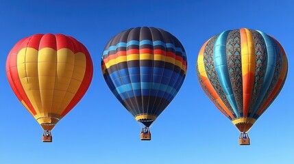 Fototapeta premium heic Thumbnail protobuf NFT Marketing Cloud based services Mlops Telegram channel Helium 10 Nitropack Wayflyer Colorful hot air balloons with striped patterns floating in clear blue sky for travel, a