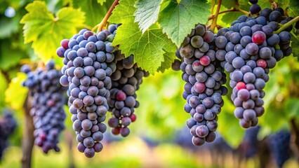 Dense clusters of Gamay grapes hang from a lush green vine covered in leaves and twigs , foliage, gamay