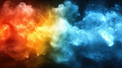 Naklejka premium Vibrant orange and blue colorful smoke clouds swirling abstractly, digital background for technology, creativity, or science presentations with dark backdrop, dynamic energy, and contrast lighting ef