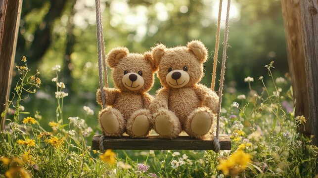 Two teddy bears sit on a swing amidst a vibrant meadow, surrounded by blooming flowers, capturing a moment of innocence and joy.