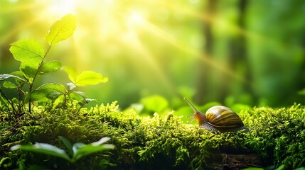 Close-Up of Snail on Moss in a Forest with Sun Rays, AI generated illustration
