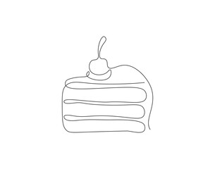 Continuous one line drawing of slice cake. One line drawing illustration of cake. Party food, birthday cake, dessert concept line art. Editable outline