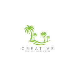 Palm tree wave travel logo, Wave beach palm logo design icon combination Vector illustration
